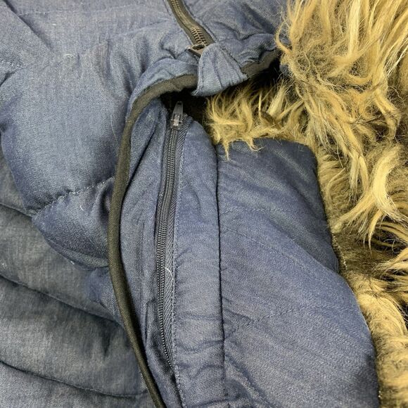 Gap Outdoor Edition Womens M Blue Chambray Down Fill Puffer Coat Faux Fur Hood - Picture 8 of 13